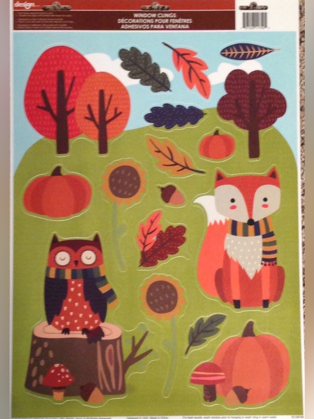 Vinyl Static Window Clings Fall Autumn Leaves Fox Owl Thanksgiving
